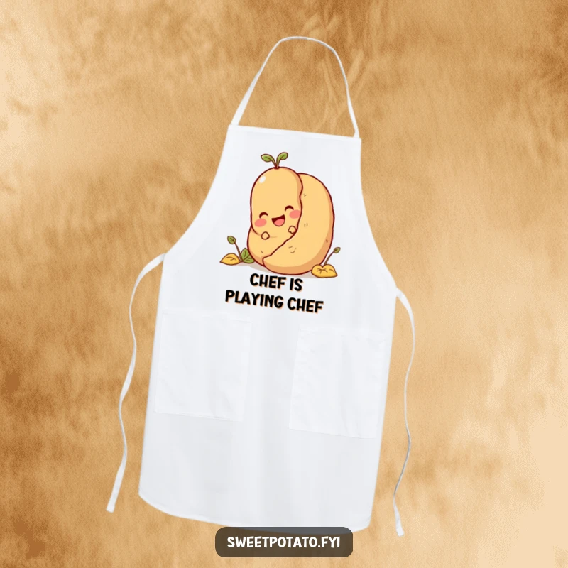 Funny sweet potato playing hide-and-seek behind a potato, a humorous apron for playful cooks.