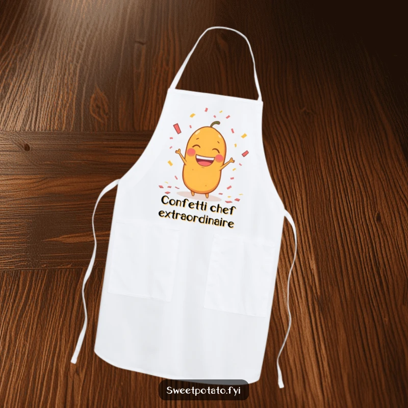 Funny sweet potato character apron, throwing confetti with a huge, excited grin, perfect for festive kitchen adventures.