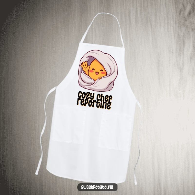 Funny apron showing a sweet potato character waving from inside a cozy blanket, ideal for comfortable cooking.