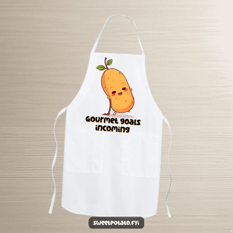 Funny sweet potato apron showing a determined spud climbing a twig. Practical protection with a humorous and motivational design.