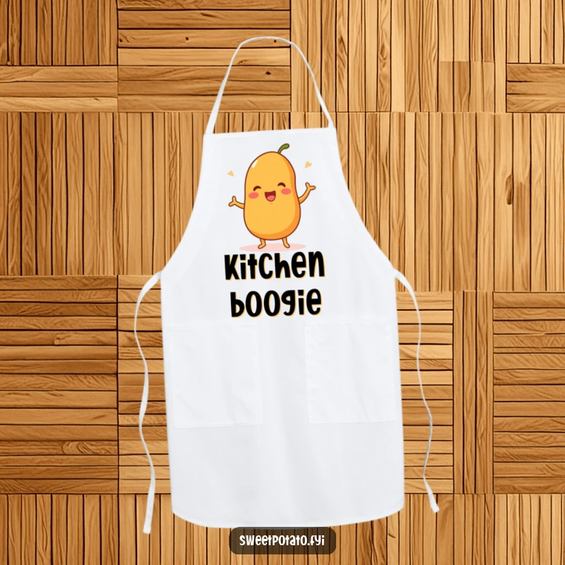 Funny apron featuring a sweet potato character doing a happy dance, bringing cheerful energy and humor to the kitchen.