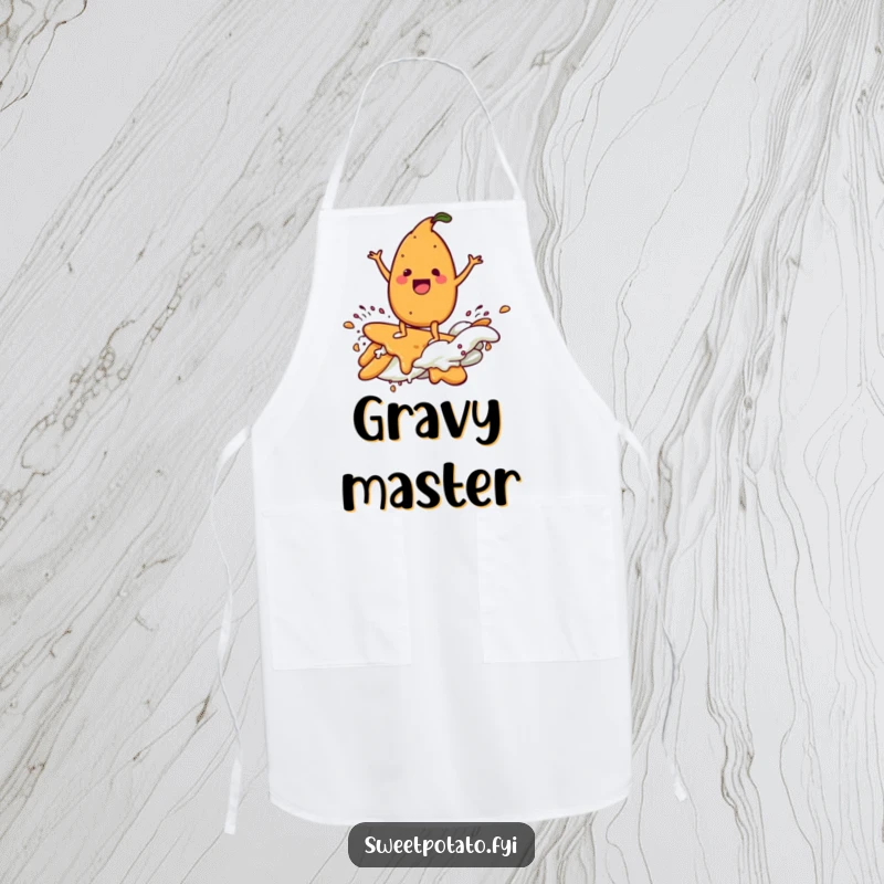 Funny apron showing a delighted sweet potato character surfing a gravy wave, perfect for culinary adventures.