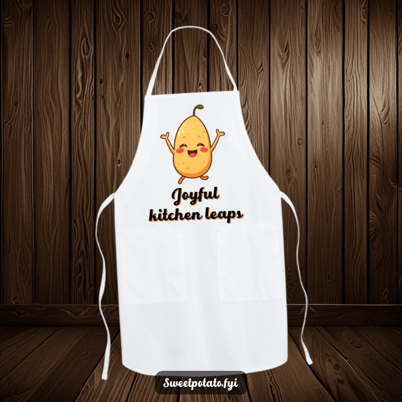 Funny apron showing a sweet potato character performing a happy jump, ideal for cheerful cooking sessions.