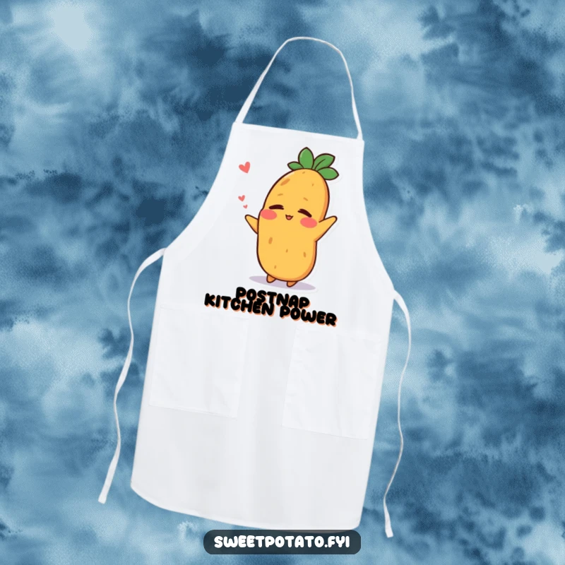 Funny apron showing a sweet potato character stretching with a relieved smile after a nap, ideal for relaxed cooking.