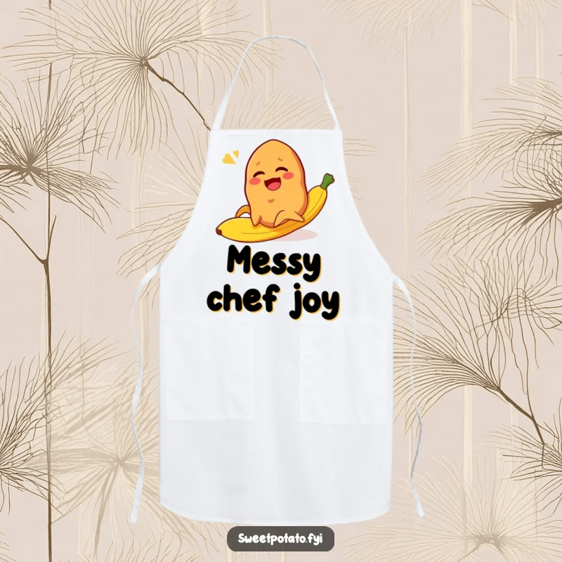 Funny sweet potato character slipping on a banana peel with a laugh, a comical apron for the kitchen.