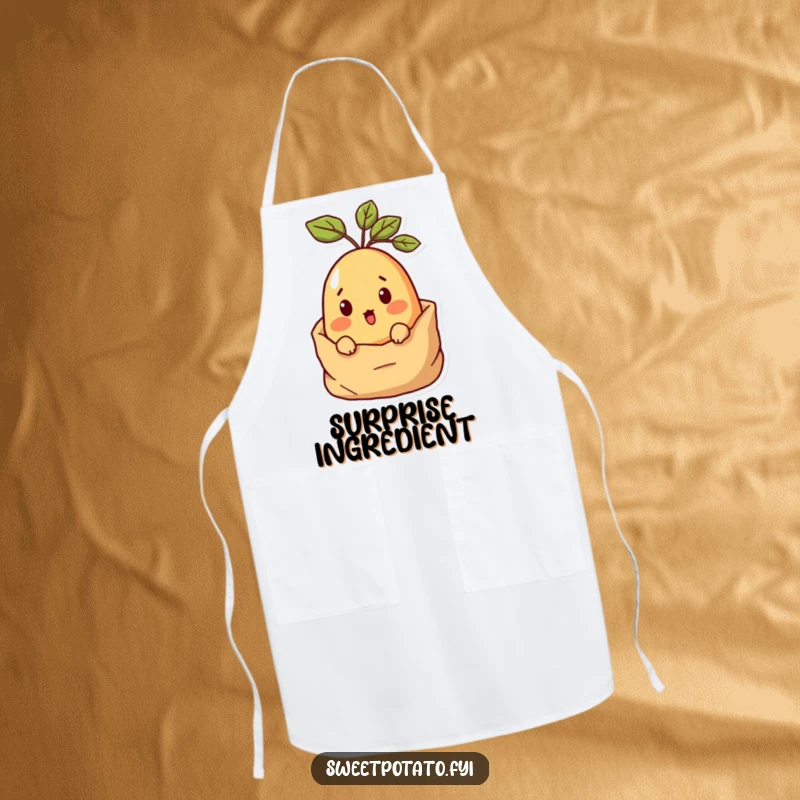Funny Surprised Sweet Potato Apron showing a sweet potato character peeking with surprise from a sack, ideal for kitchen use.