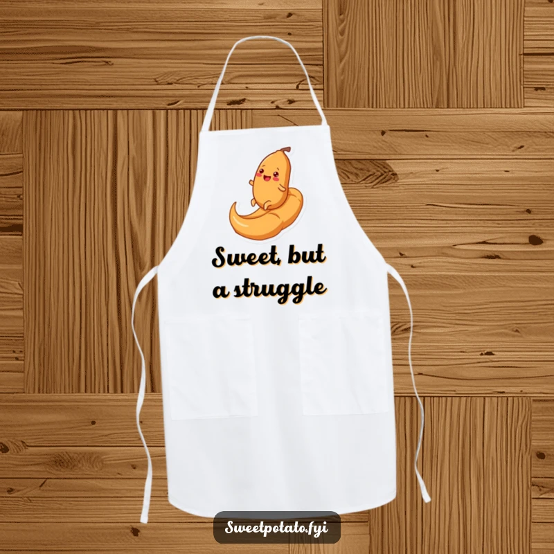 Funny apron displaying a cheerful sweet potato character happily rolling up a massive caramel swirl, ready to add humor to any cooking session.