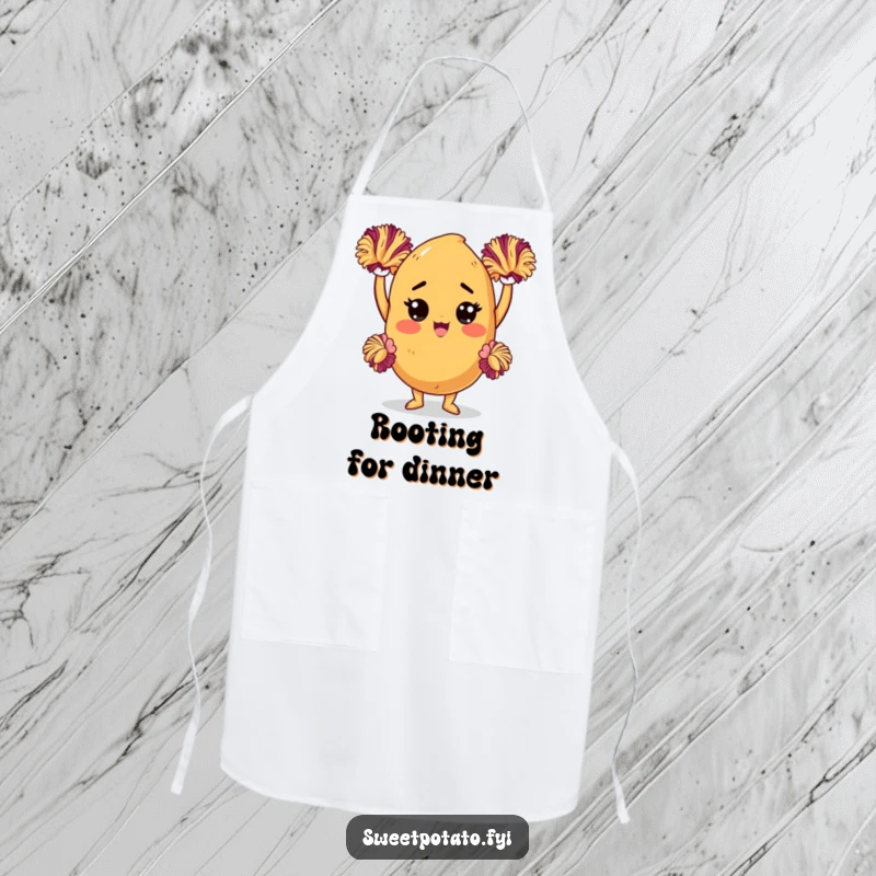 Funny sweet potato apron with a determined character holding pom-poms, perfect for keeping clothes clean with a spirited and humorous design.