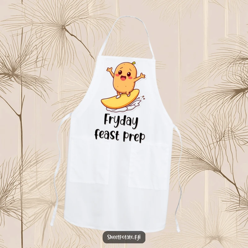 Funny apron: A sweet potato character excitedly surfs on a massive potato chip, ready for culinary adventures with a side of laughter.