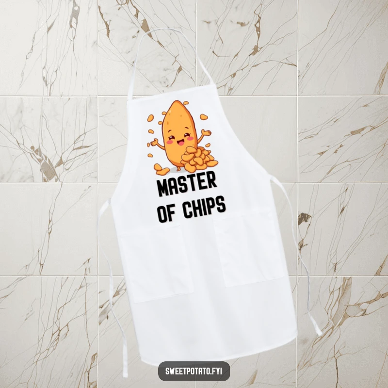 Funny sweet potato character beaming with pride while presenting a giant pile of delicious sweet potato chips, a cheerful apron.