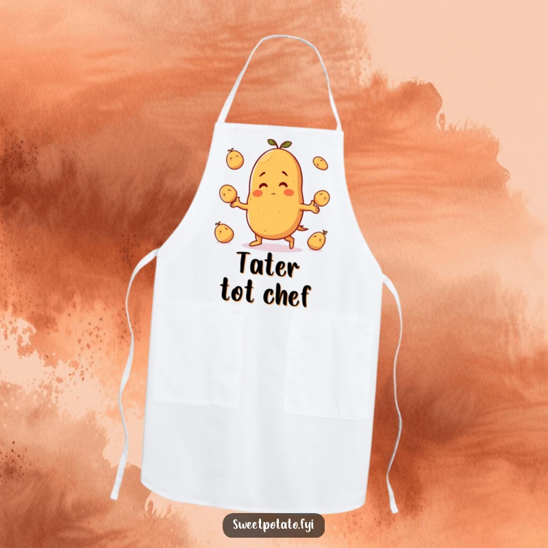 Funny apron: A sweet potato character grins joyfully while juggling small potatoes, ready for culinary creations with a playful spirit.