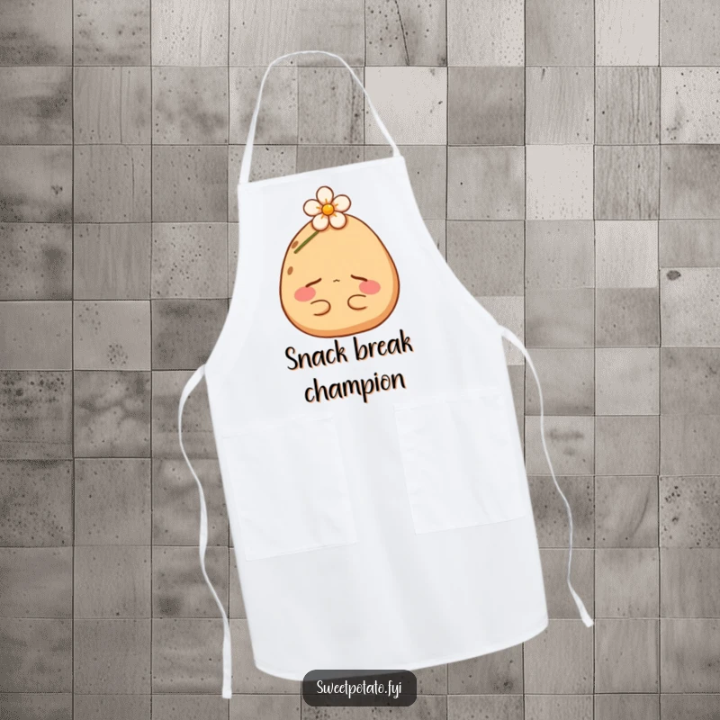 Funny sweet potato apron showing a content spud napping. Ideal for kitchen tasks, this design brings humor and protection.