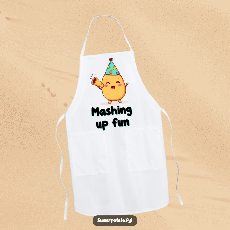 Funny happy sweet potato character wearing a party hat and blowing a horn on a humorous and practical apron.