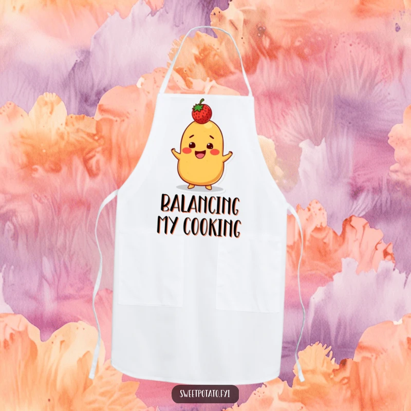 Funny apron depicting a grinning sweet potato character balancing a strawberry on its head, ready to bring playful humor to any kitchen task.