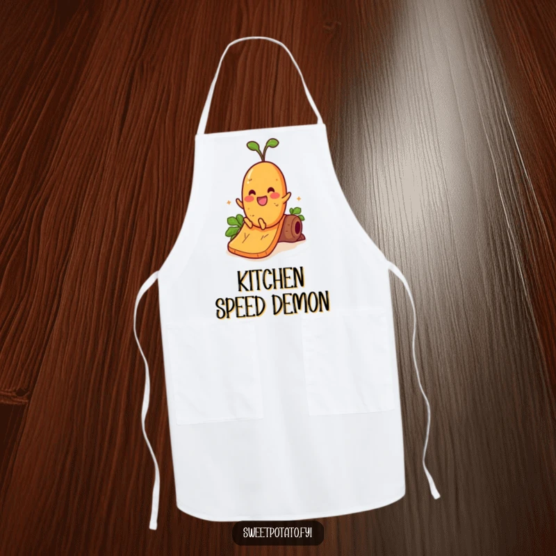 Funny apron showcasing a cheerful sweet potato character sliding down a yam slide, perfect for a playful cook.