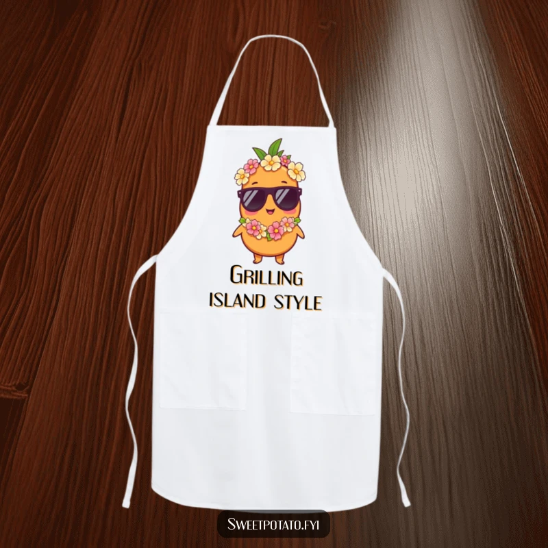 Funny apron: A sweet potato character wears sunglasses and a lei, ready for vacation activities and culinary fun.