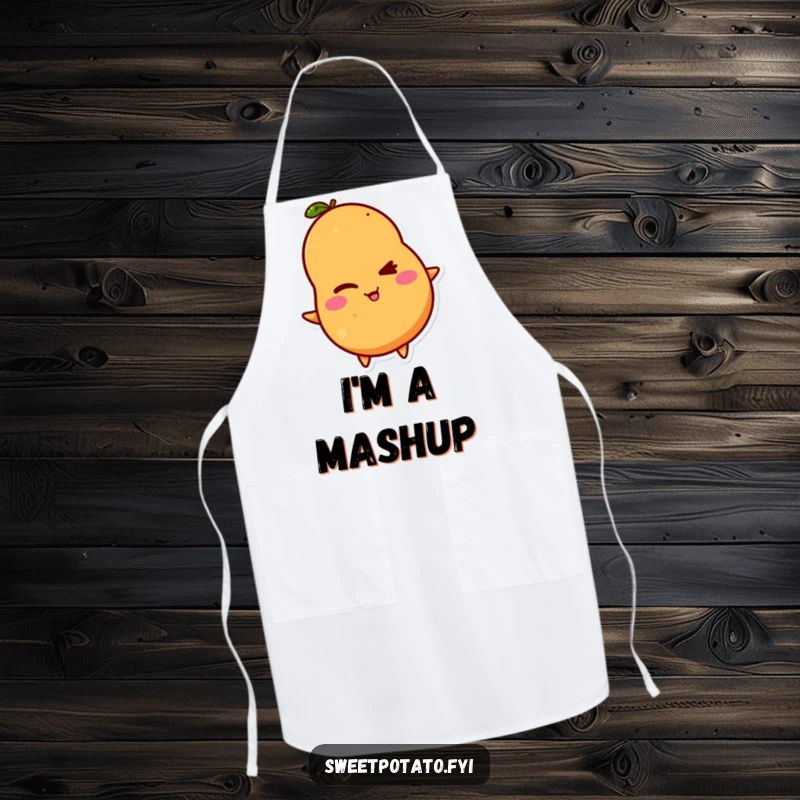 Funny apron featuring a sweet potato character winking with a mischievous grin, perfect for a humorous cooking experience.