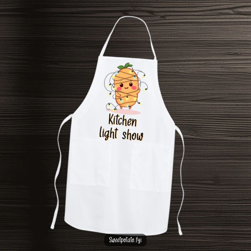 Funny apron featuring a sweet potato character comically tangled in a string of fairy lights, perfect for a festive cook.