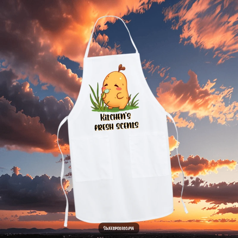 Funny apron depicting a curious sweet potato character intently sniffing a dewdrop on a blade of grass during kitchen activities.