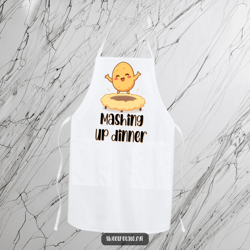 Funny apron depicting a tickled sweet potato character bouncing on a mashed potato trampoline, perfect for playful and comforting cooking sessions.