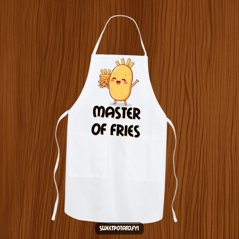 Funny apron: A sweet potato character giggles while skillfully balancing a large pile of french fries, ready for kitchen adventures.