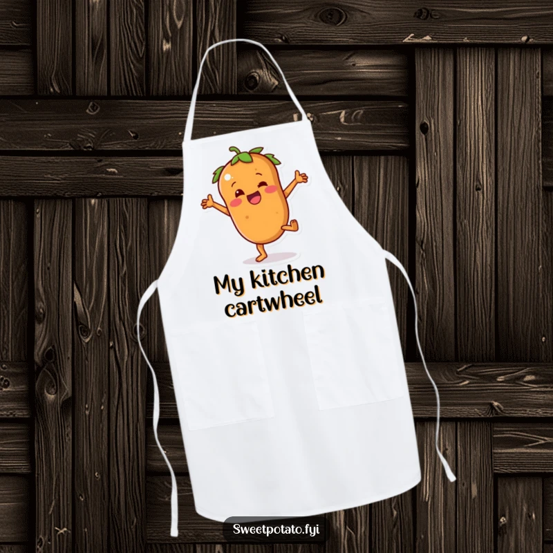 Funny sweet potato apron showing a character with tiny arms joyfully attempting a cartwheel, perfect for happy cooking.