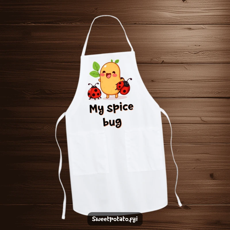 Funny sweet potato apron showing a character excitedly trying to ride a ladybug, perfect for happy cooking.