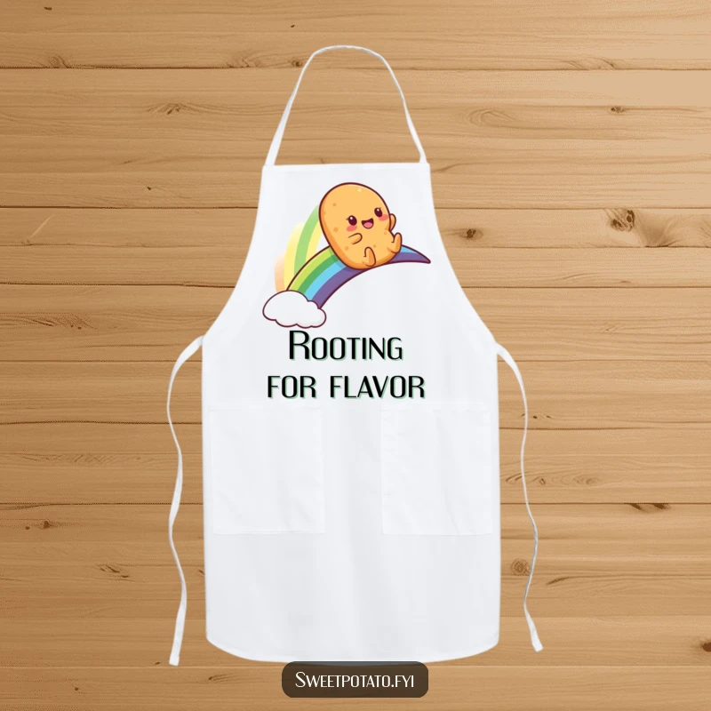 Funny apron showcasing a happy sweet potato character sliding down a rainbow, perfect for a cheerful cooking experience.