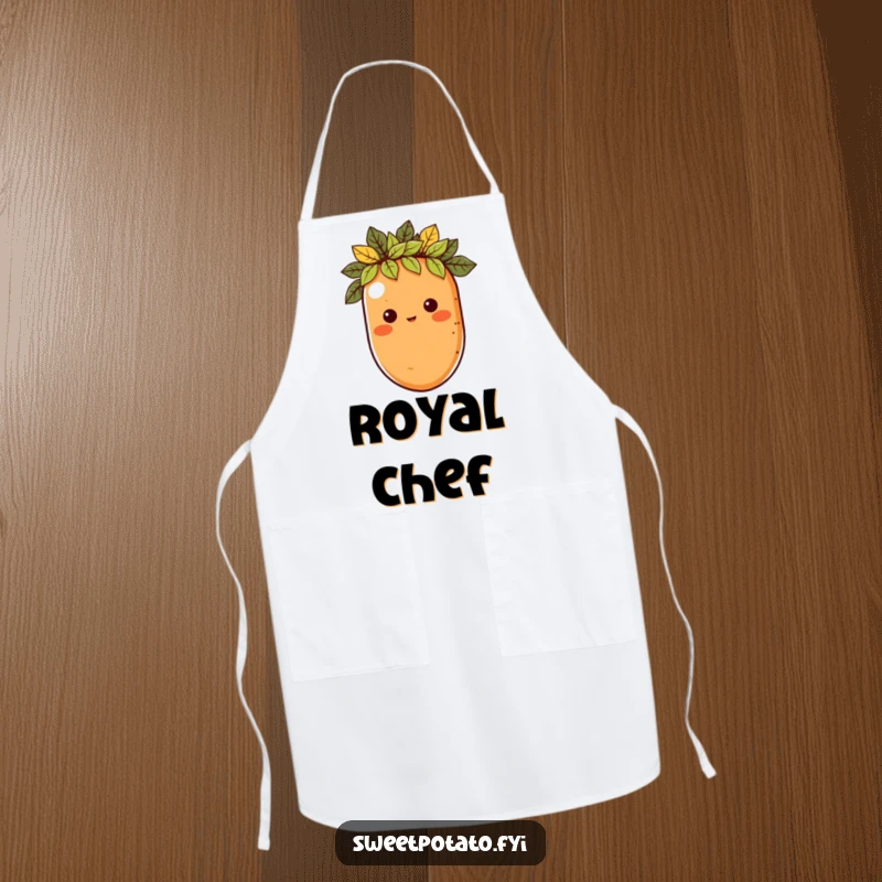 Funny apron featuring a sweet potato character wearing a crown of leaves, bringing regal humor to the kitchen.