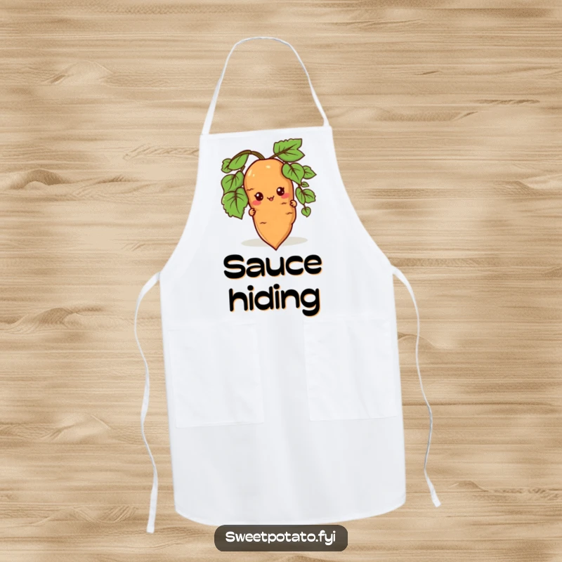 Funny apron featuring a sweet potato character peeking from behind a root, bringing a humorous and curious touch to cooking.