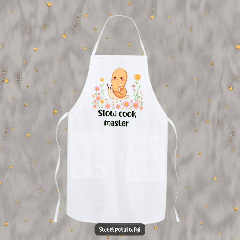 Funny sweet potato character apron, riding a tiny, happy snail through a field of flowers, perfect for peaceful kitchen adventures.