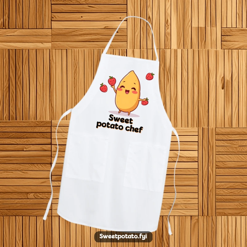 Funny sweet potato character cheerfully juggling three small berries on a kitchen apron, bringing wholesome humor and style to cooking, a funny gift.