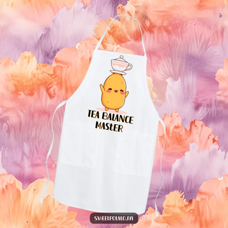 Funny apron featuring a sweet potato character balancing a small teacup on its head, perfect for a humorous kitchen enthusiast.