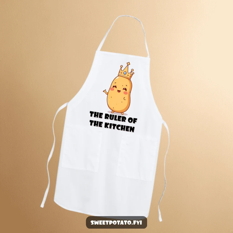 Funny apron featuring a crowned sweet potato striking a regal pose, bringing potato royalty and humor to kitchen duties.