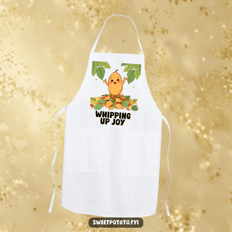 Funny cheerful sweet potato character happily dancing on a pile of autumn leaves, worn on a humorous kitchen apron.