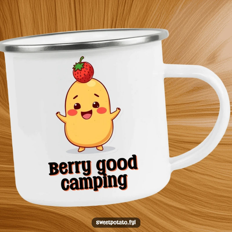 Funny camping mug with a grinning sweet potato character balancing a strawberry on its head, perfect for playful outdoor activities and beverages.