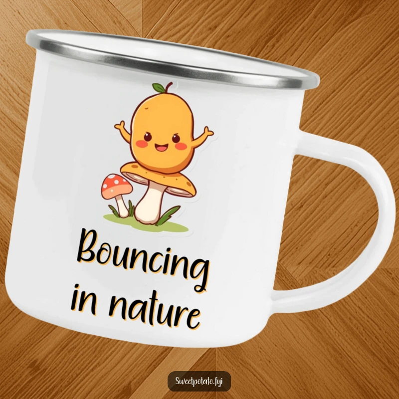 Funny camping mug showing a happy sweet potato character bouncing on a springy mushroom, ready for outdoor fun.