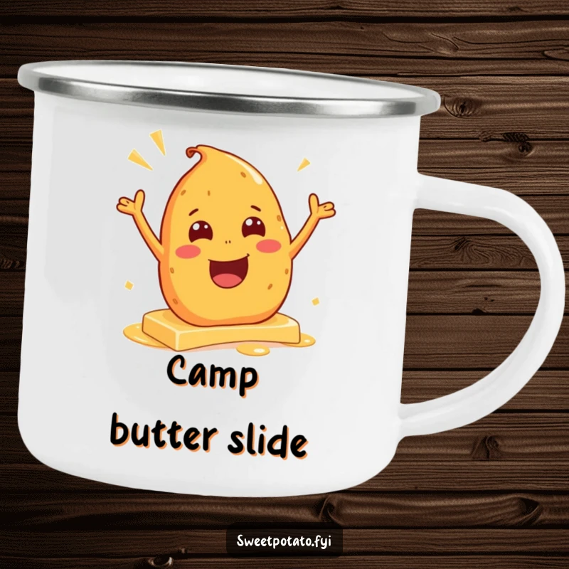 Funny camping mug with an excited sweet potato character sliding on butter, perfect for enjoying drinks in the great outdoors.