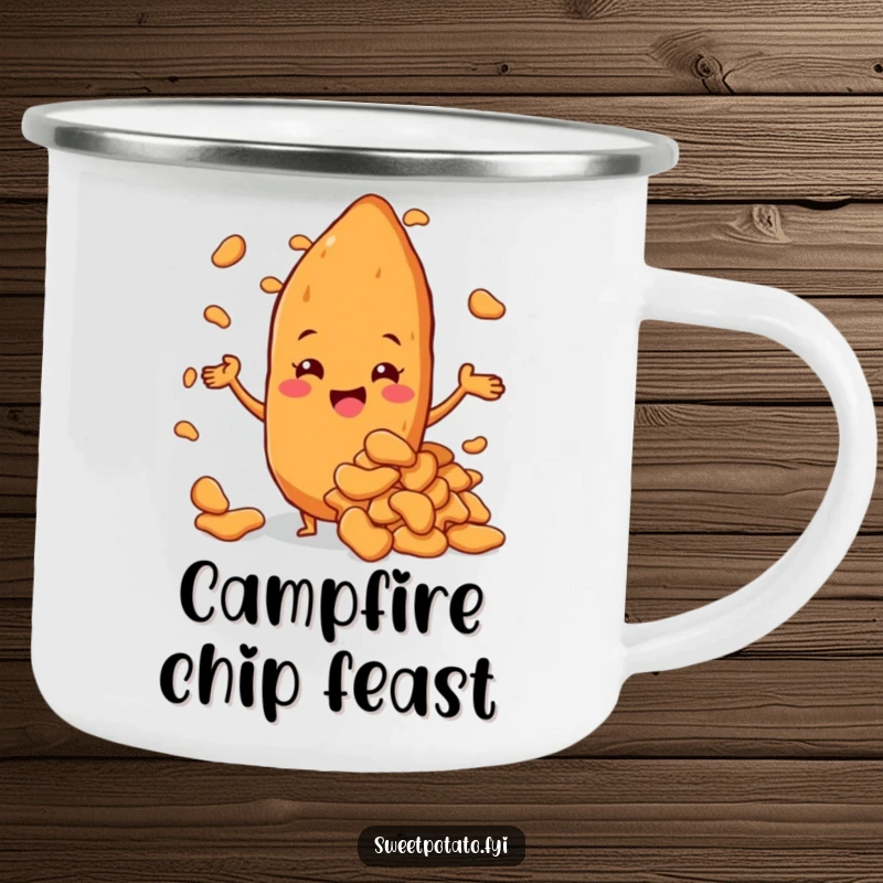 Funny sweet potato character beaming with pride, presenting a giant pile of sweet potato chips, a rugged camping mug.