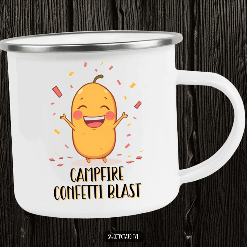 Funny sweet potato character camping mug, joyfully throwing confetti with a huge, excited grin, durable and perfect for outdoor celebrations.