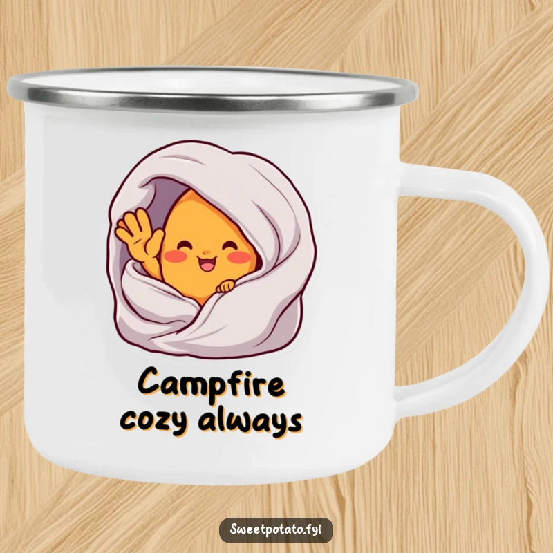 Funny camping mug with a sweet potato character waving from inside a cozy blanket, perfect for relaxed outdoor experiences.