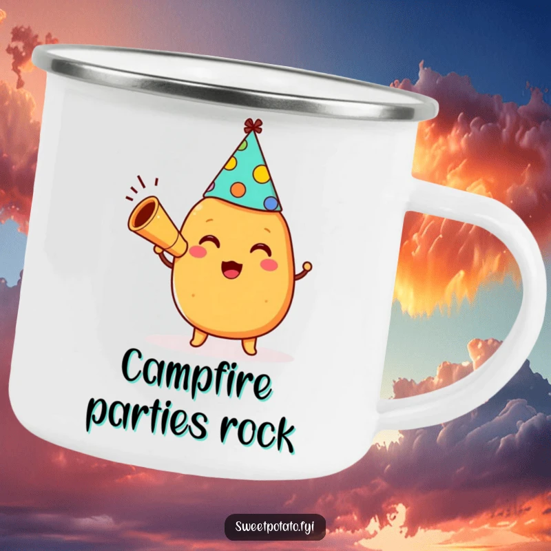 Funny happy sweet potato character wearing a party hat and blowing a horn on a durable and humorous camping mug for outdoor enjoyment.