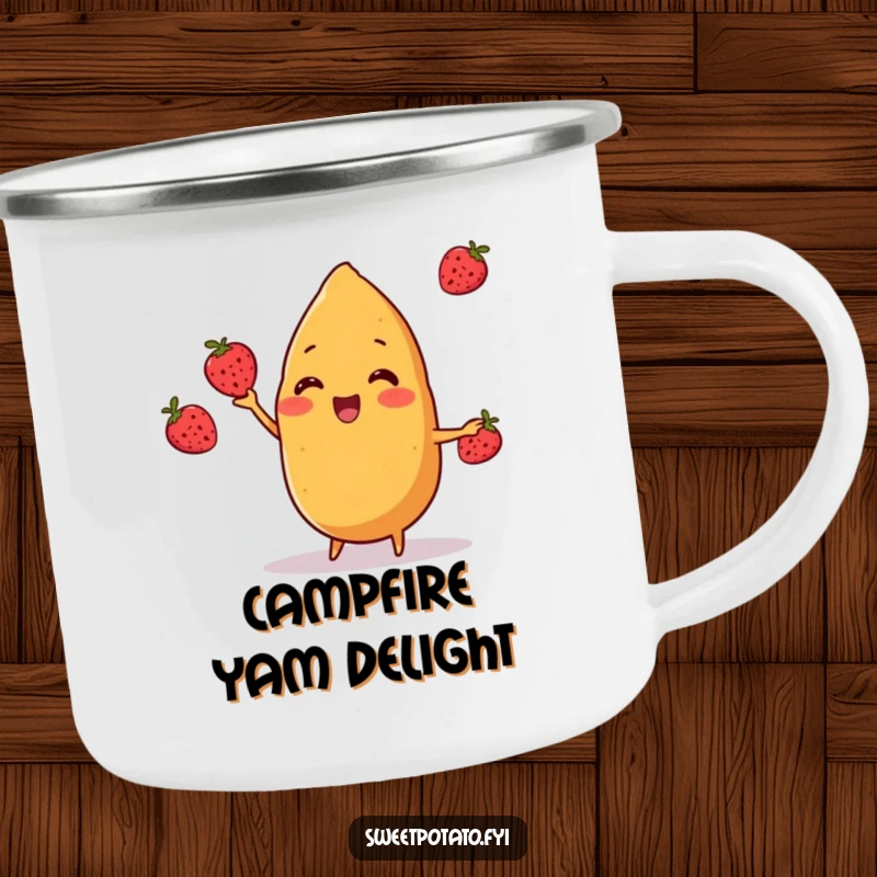 Funny sweet potato character cheerfully juggling three small berries on a durable camping mug, ideal for outdoor enjoyment, a funny gift.