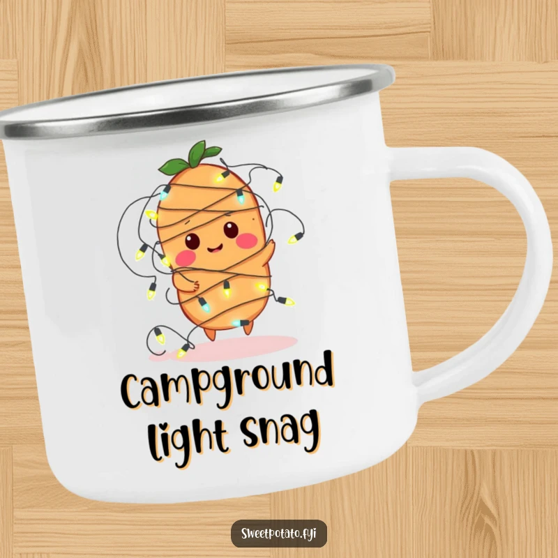 Funny camping mug featuring a sweet potato character comically entangled in fairy lights, perfect for humorous outdoor enjoyment.