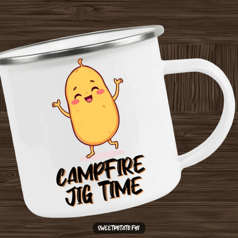 Funny sweet potato camping mug featuring a dancing character doing a joyful jig, durable for outdoor use with a lively and humorous design.
