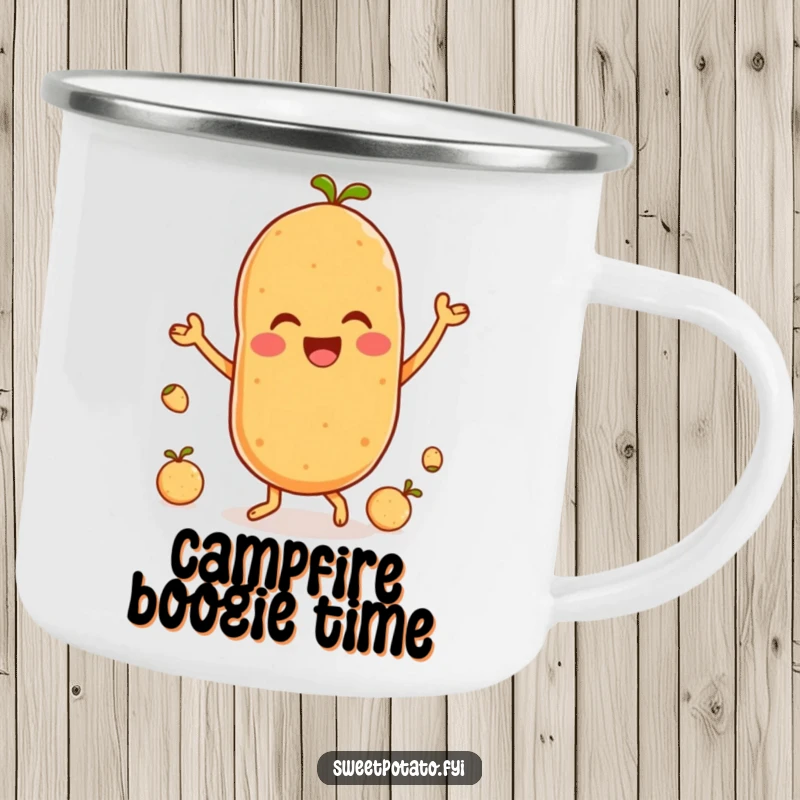 Funny camping mug featuring a delighted sweet potato character dancing joyfully with small spuds, ready for adventure.