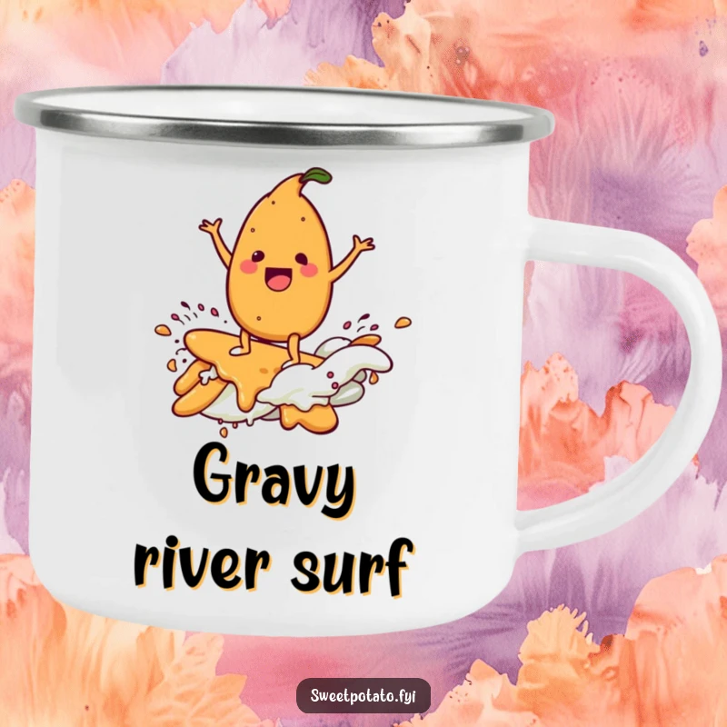 Funny camping mug with a delighted sweet potato character surfing a gravy wave, perfect for enjoying meals outdoors.