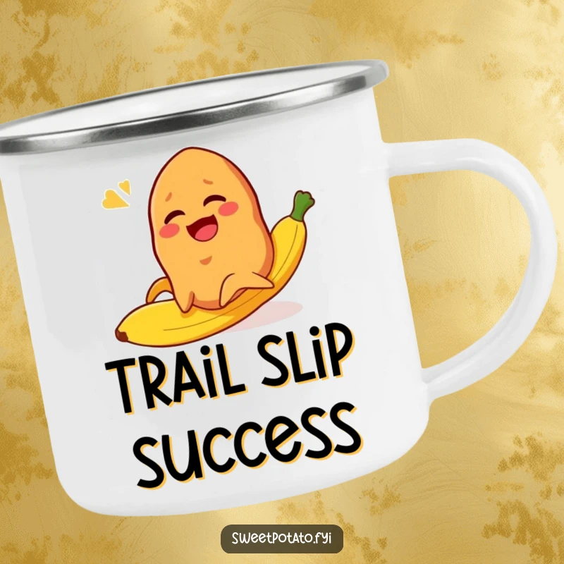 Funny sweet potato character slipping on a banana peel while laughing, a humorous camping mug.
