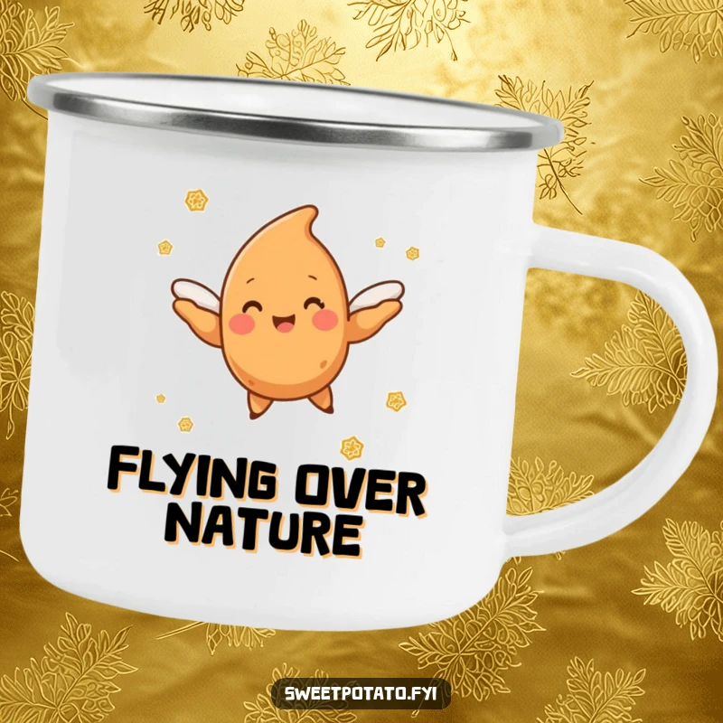 Funny sweet potato character with tiny wings flying through a cloud of cinnamon sugar, a rugged and funny camping mug.