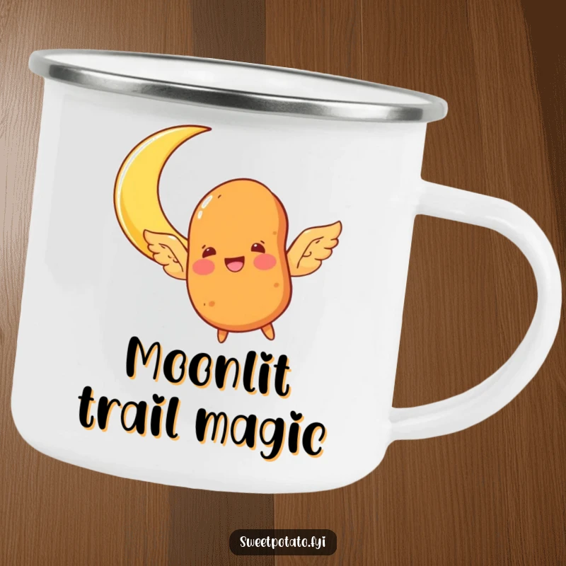 Funny sweet potato character camping mug, with wings, joyfully flying towards a crescent moon, durable and perfect for outdoor whimsy.